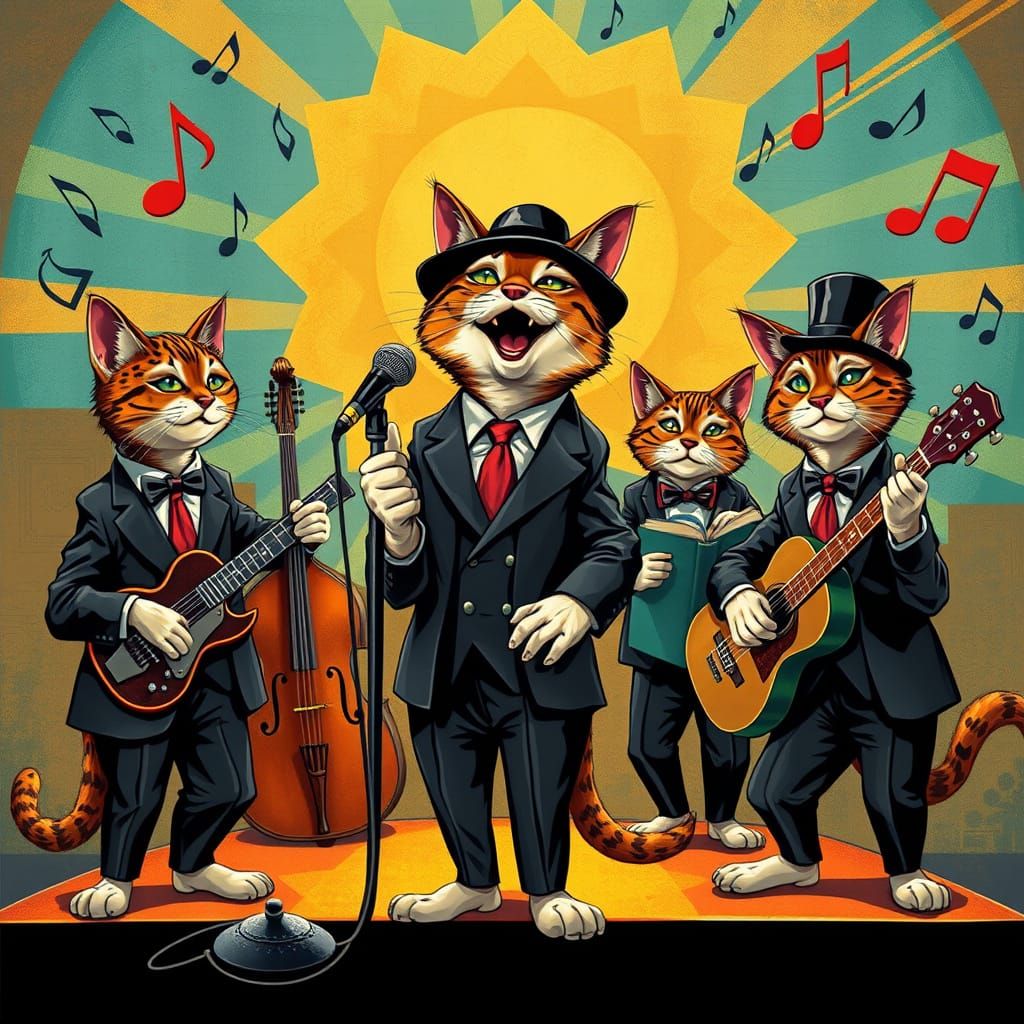 Sophisticated Feline Jazz Ensemble in Art Deco Style