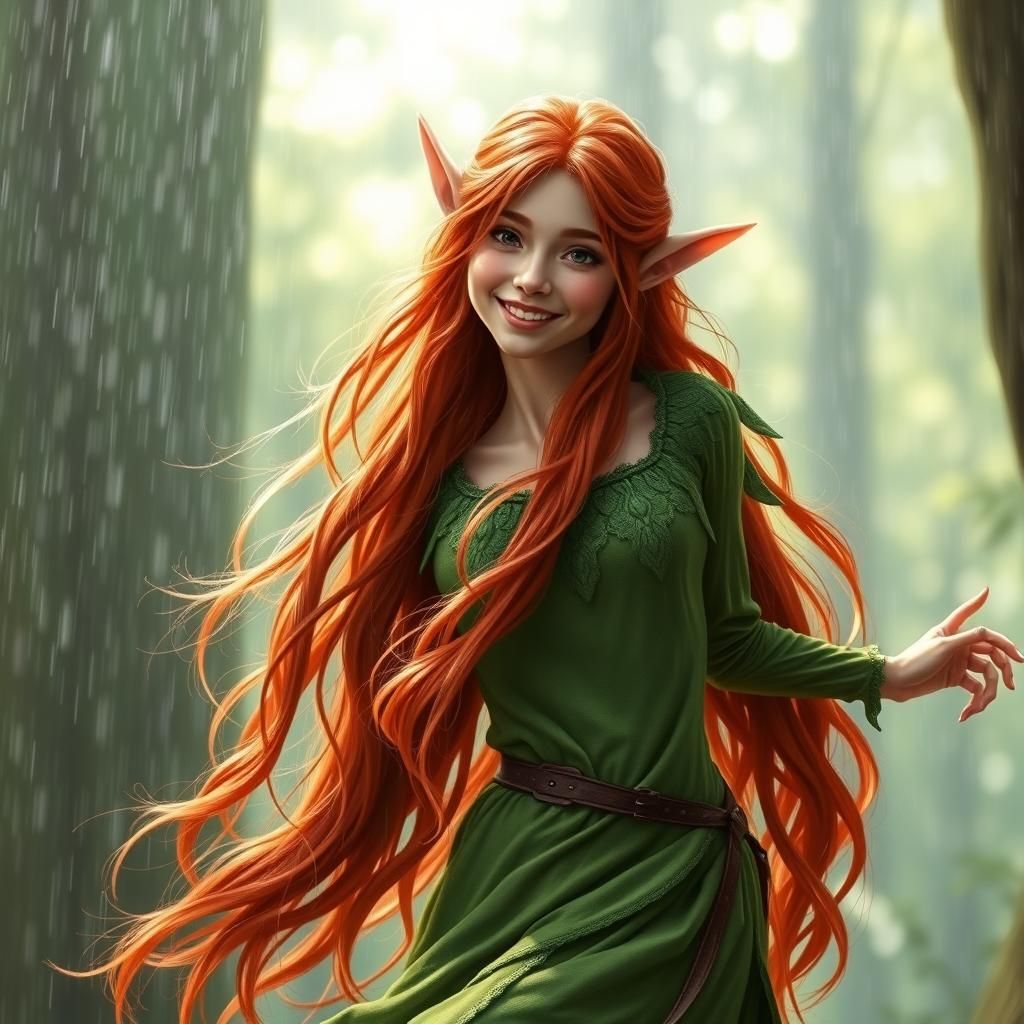 Happy Red-Haired Elf Dancing in the Rain