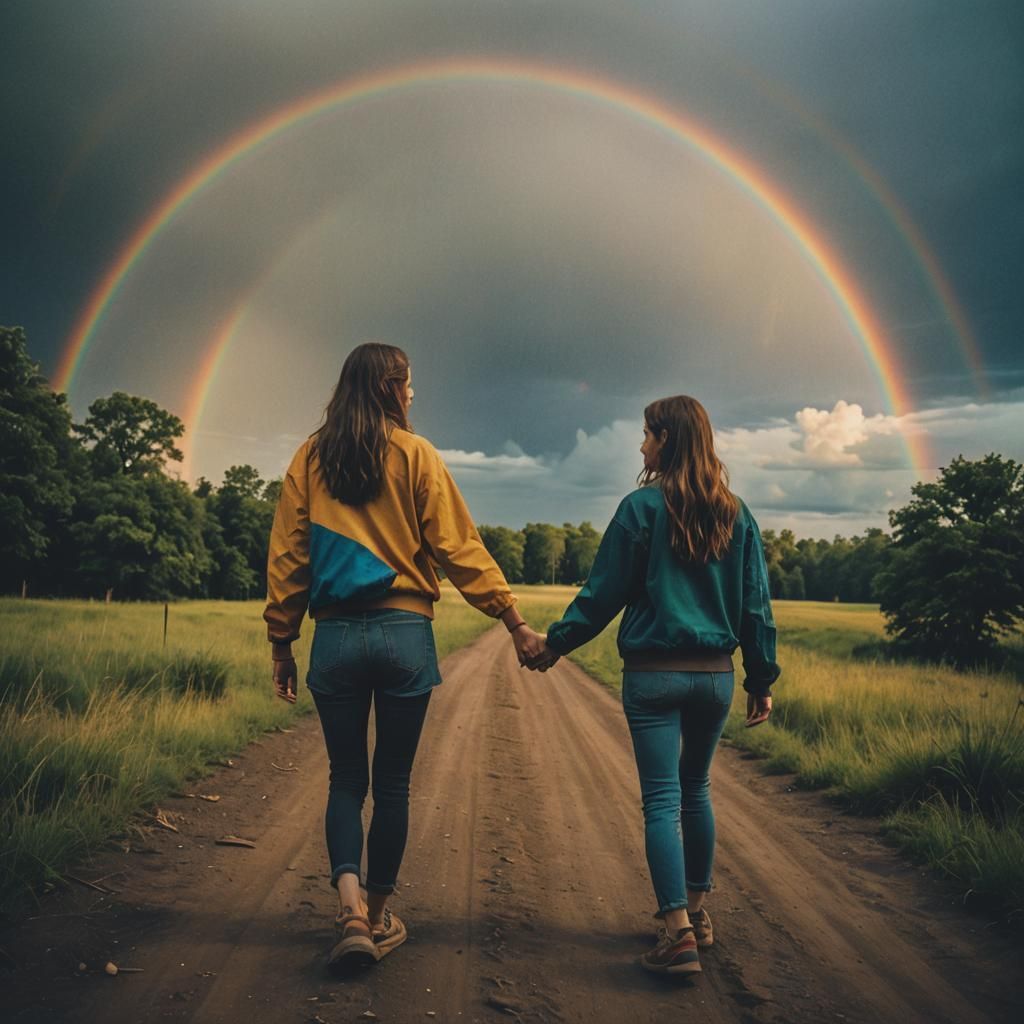 Teenage Girls Holding Hands Under Rainbow: Cinematic Film St...