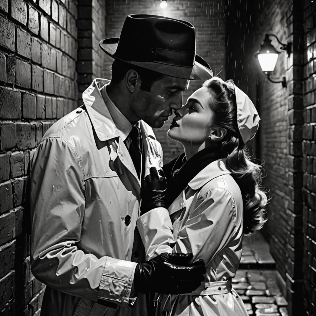 Film Noir Kiss in Rainy Alley: Classic Hollywood Romance