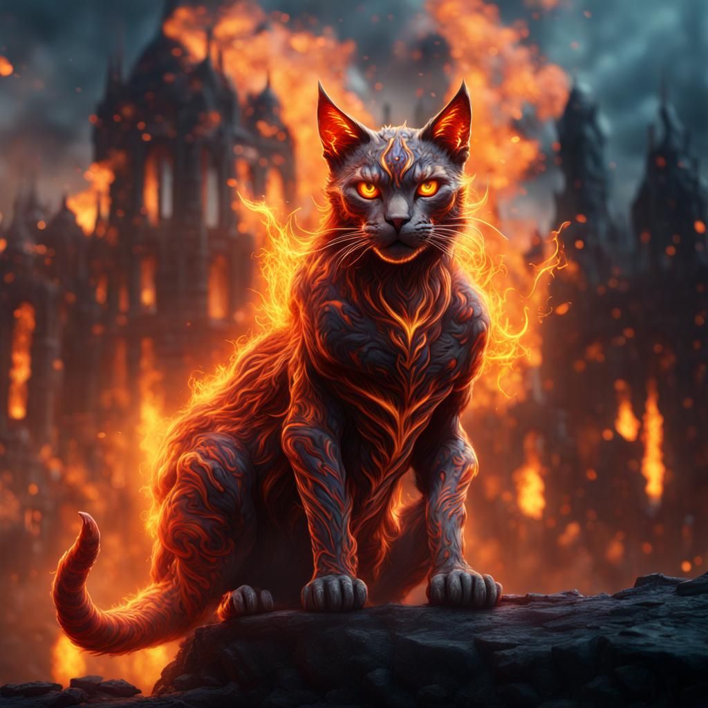 Intimidating Fire Cat Avatar in Detailed Matte Painting