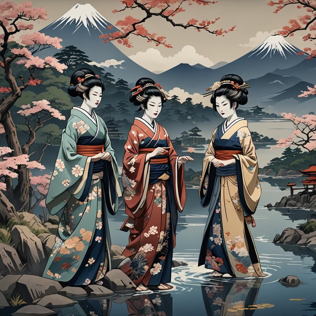 Ukiyo-e Geishas with Mount Fuji in Background
