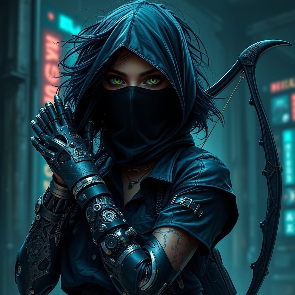 Gritty Assassin Queen with Cybernetic Arms and Neon Accents