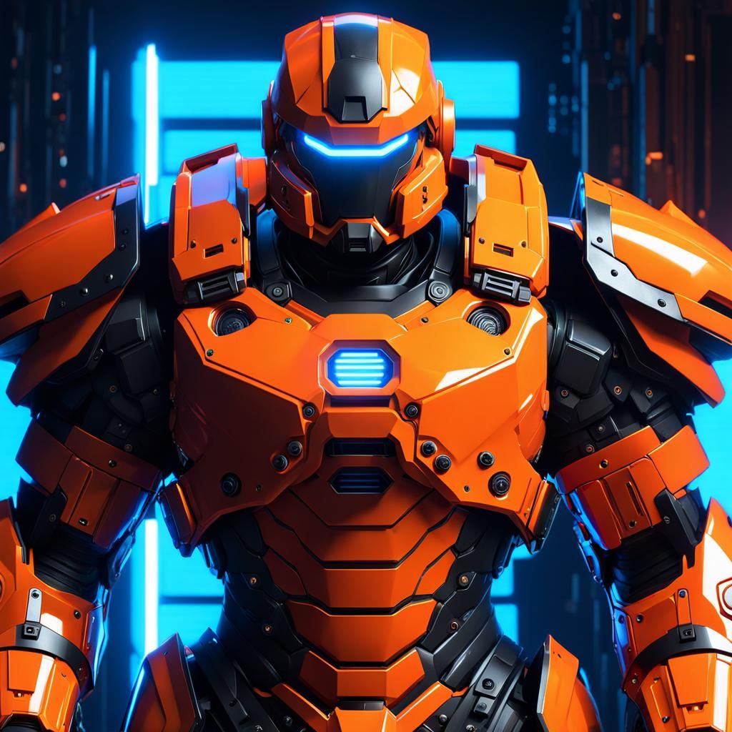 Juggernaut in Orange Mechanical Armor, Hyperrealistic 3D Ren...