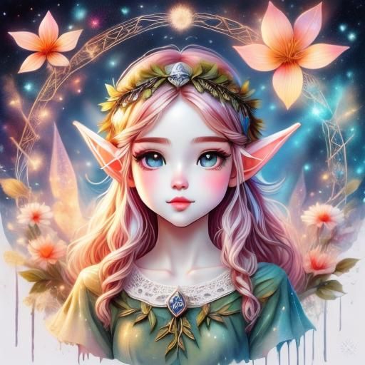 Cute Chibi Elf Portrait with Flower Crown