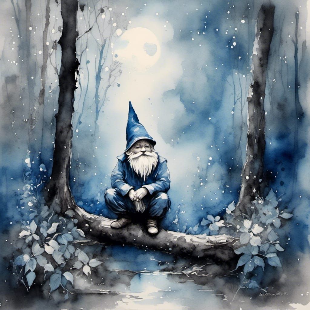 Monochrome Blue Gnome Portrait in Watercolor Style