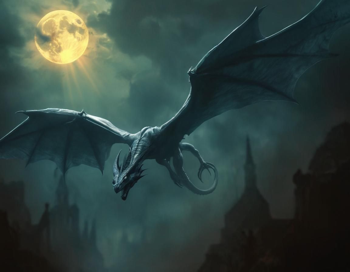 Wyvern on Ruined Church in Apocalyptic Night