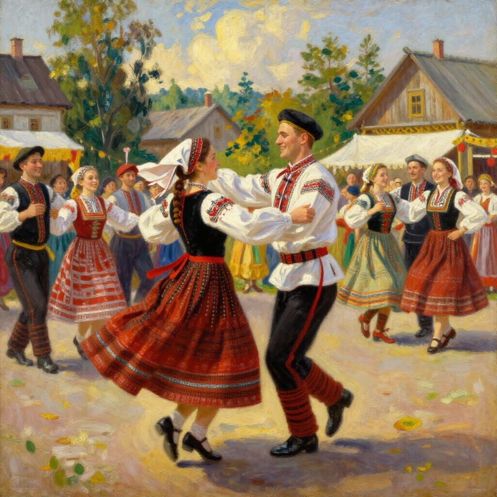Vibrant Russian Folk Dance in Festive Village Square Oil Pai...