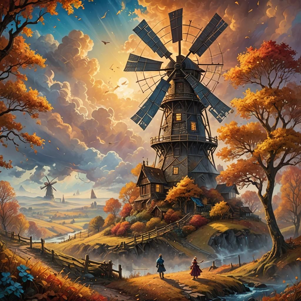 Windmill in Autumn Landscape, Fantasy Concept Art