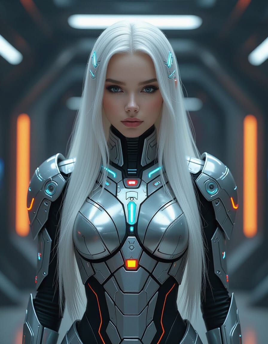 Futuristic Woman in Metallic Armor: Cyberpunk Concept Art