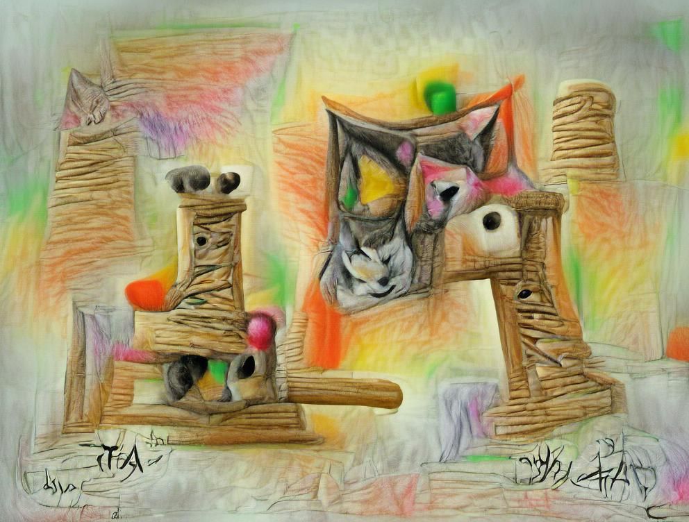 Abstract Pencil Sketch of Cats in a Cat Tree