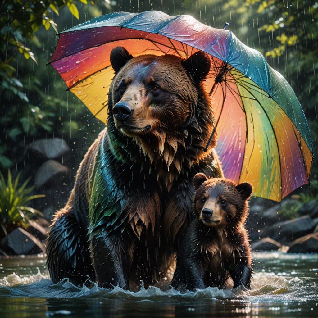 Mother Bear's Umbrella: A Hyperrealistic Wildlife Moment