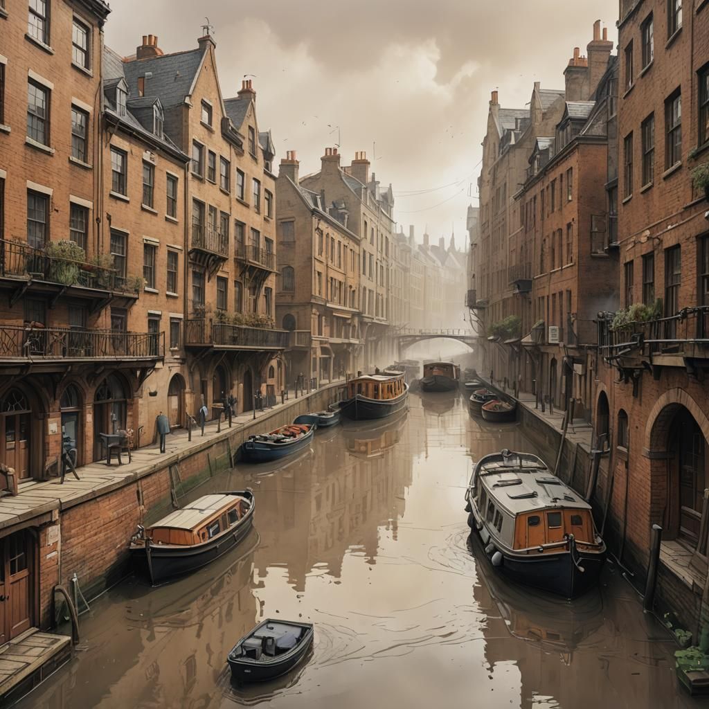 London Canal in Rain: Watercolour and Ink Sketch
