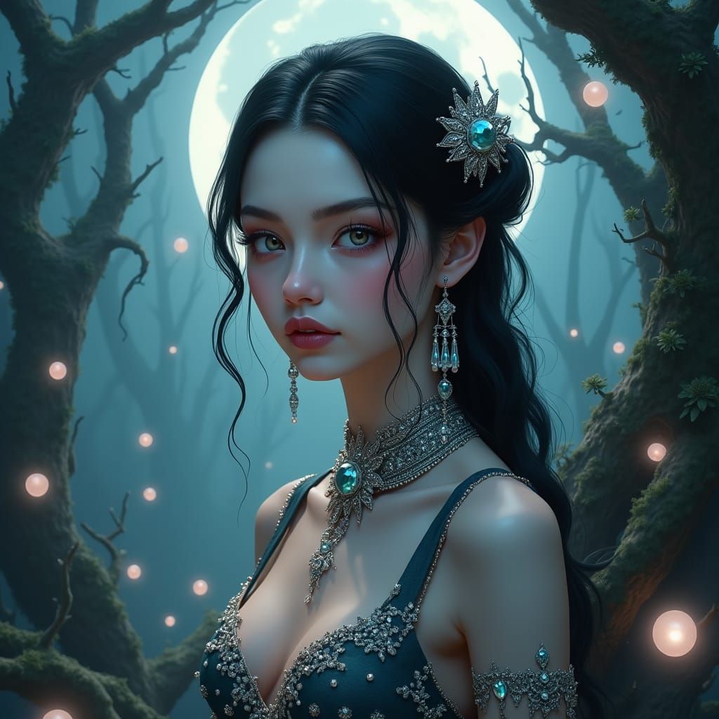 Mystical Woman in Moonlit Forest: Fantasy Concept Art