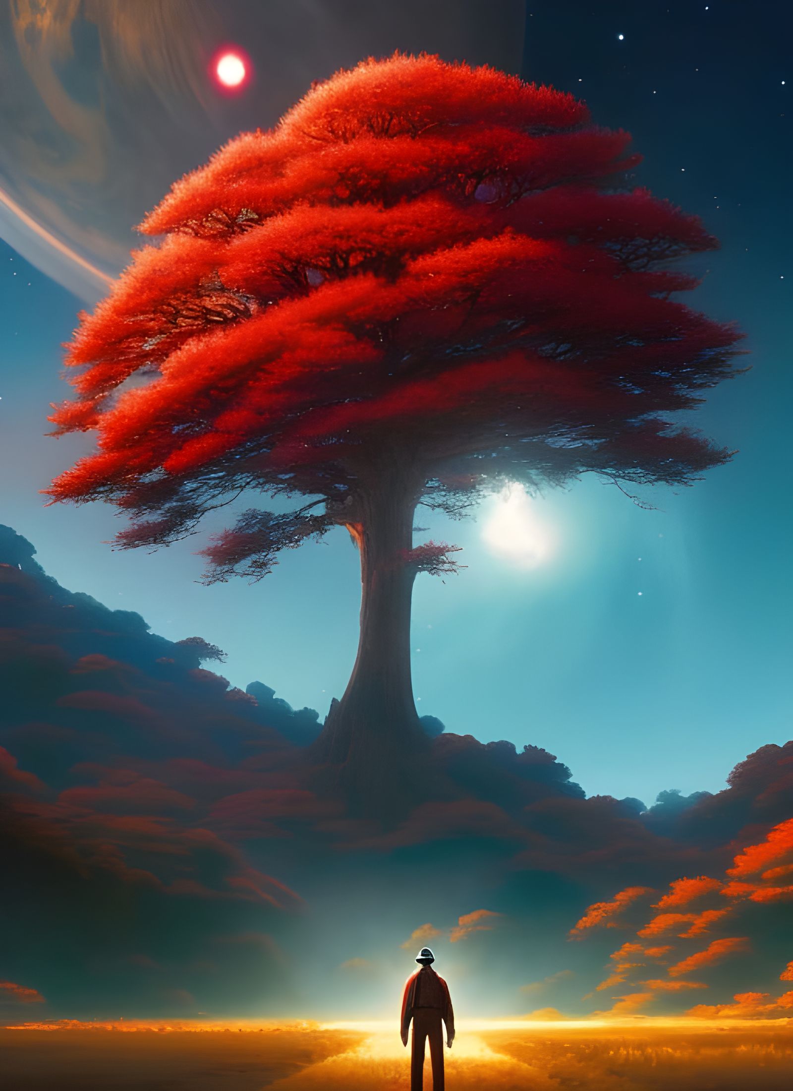 Majestic Red Tree Amidst Space Anomaly