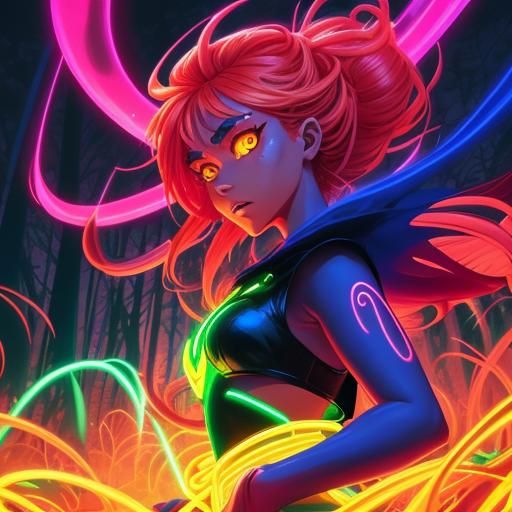 Neon Cartoon: Monsters and Neon Lady in Gold Underwear Fores...