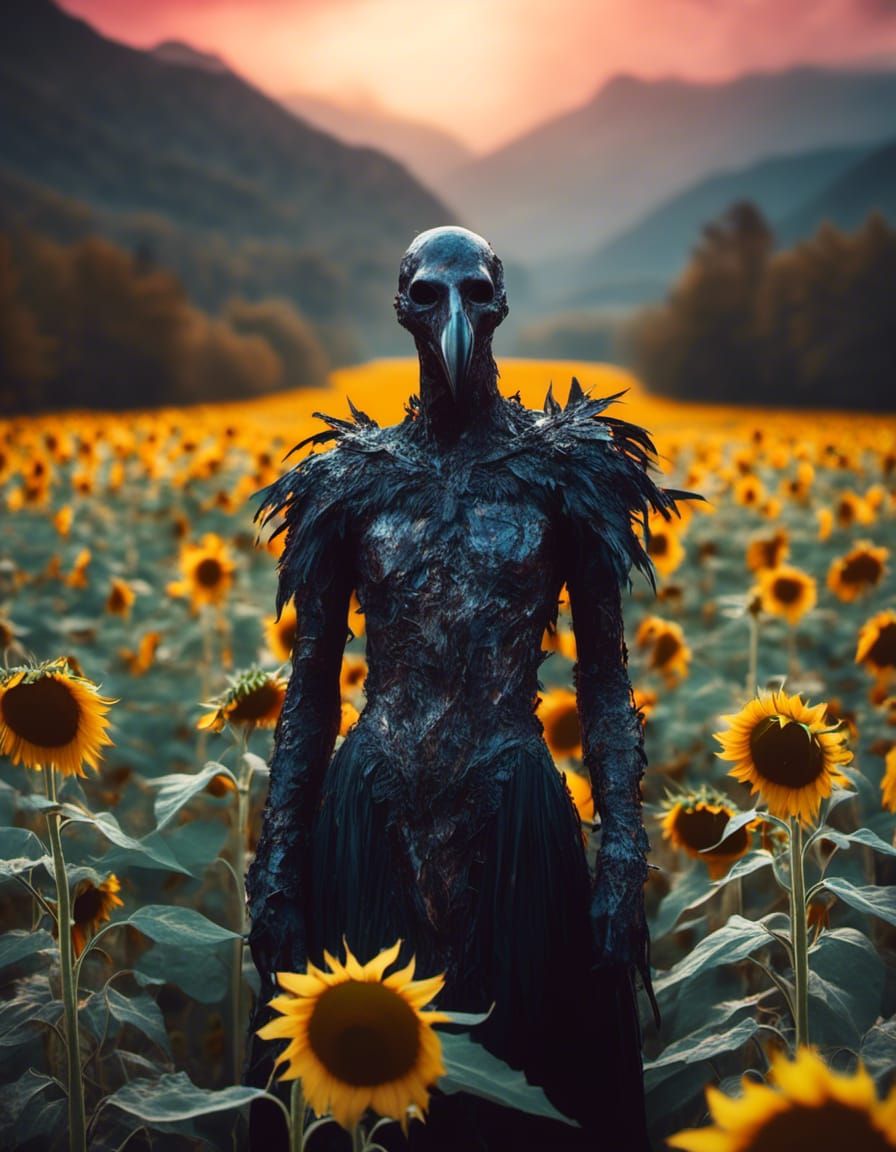 Albatross Humanoid in Sunflower Field, Digital Painting