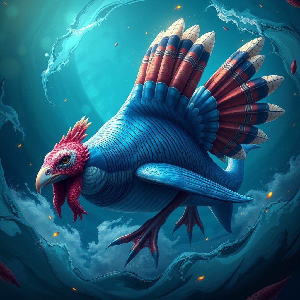 Turquoise Shark-Turkey Hybrid Emerges from Oceanic Mist