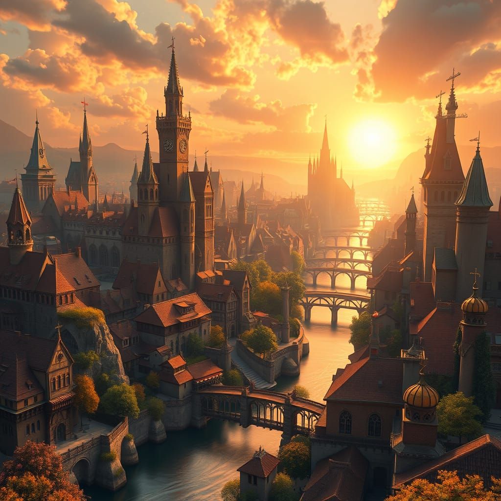 Whimsical Fantasy Cityscape in Golden Sunset Light