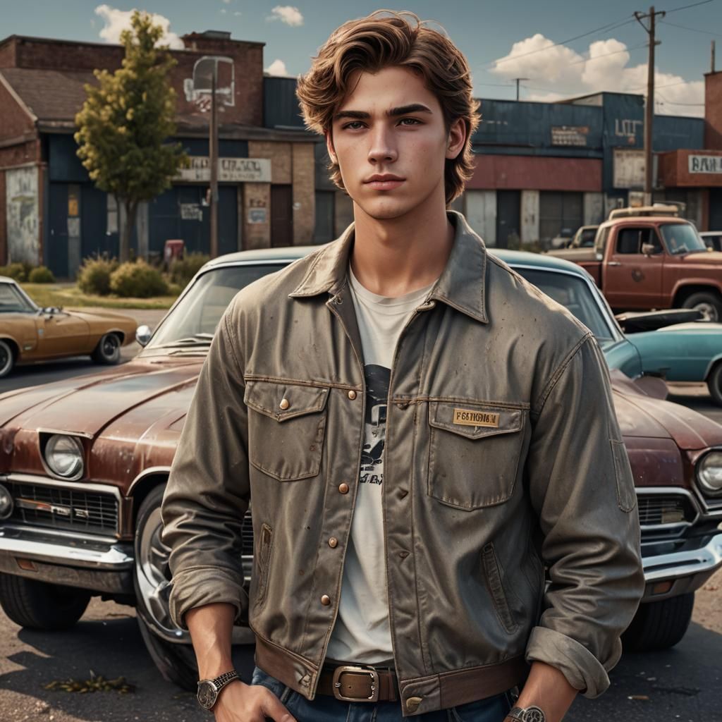 Confident Teenager Poses with Classic Car