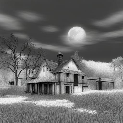 Majestic Countryside Village in Monochromatic Digital Art