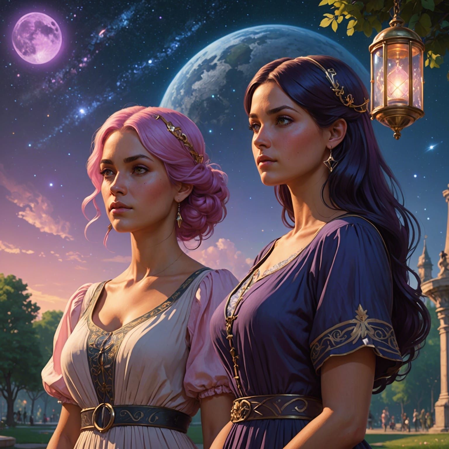 Two Women Stargazing in Park, Digital Art