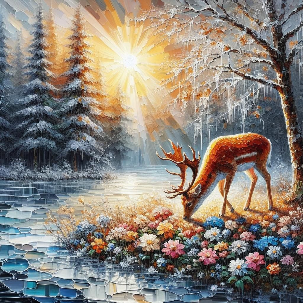 Deer Grazing on Flowers, Impasto Painting