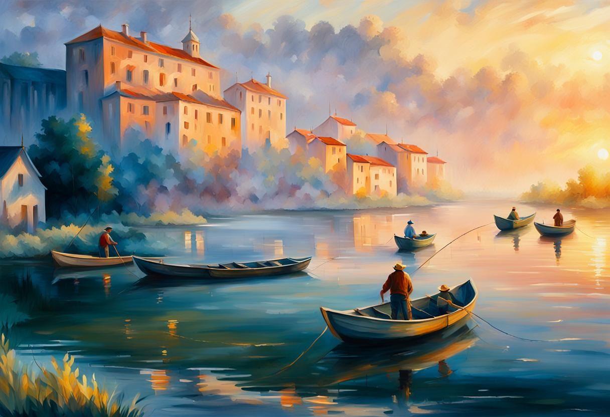 Baroque Riverbank: Fishermen in Golden Light