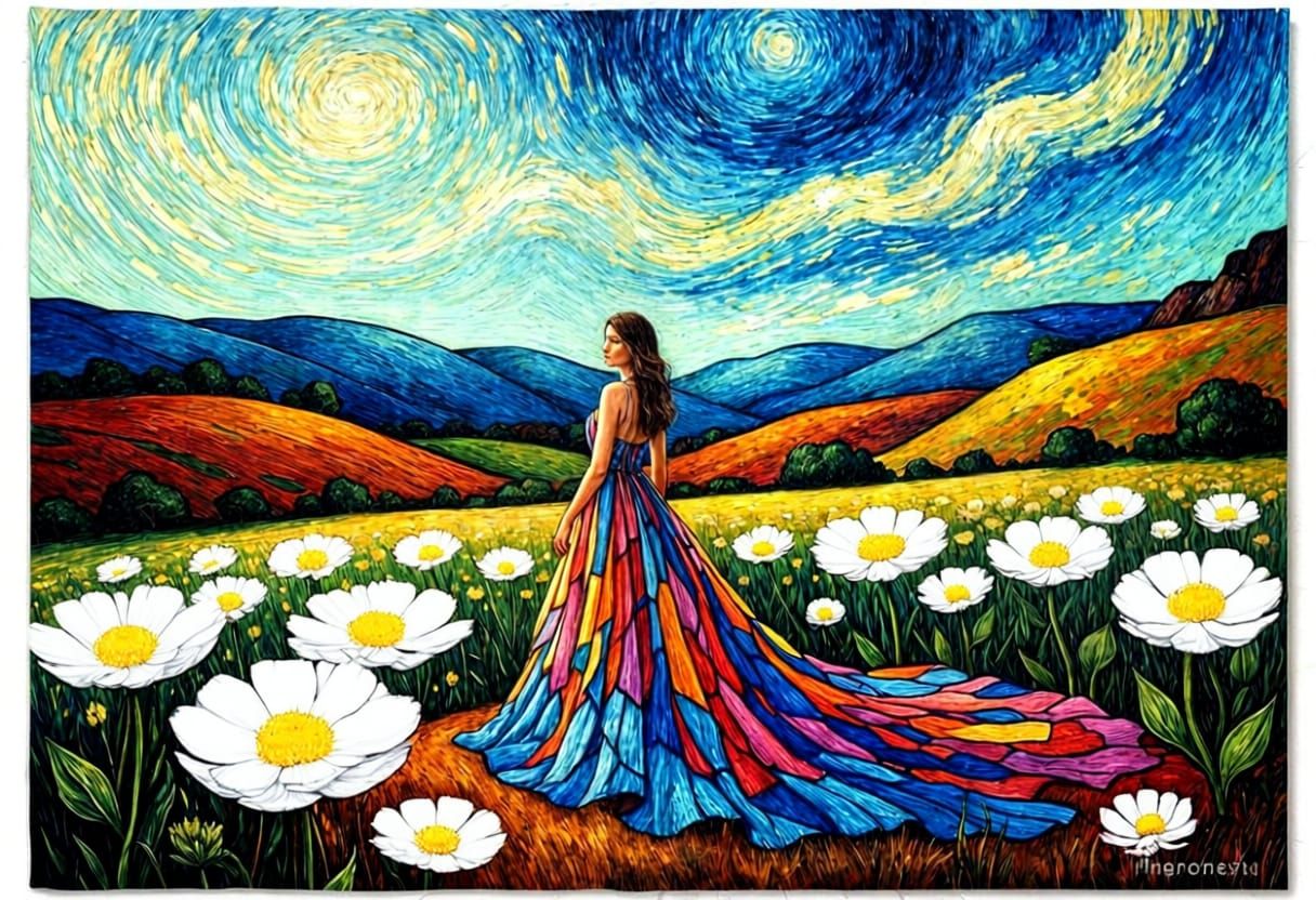 Woman in Luminous Flower Field, Van Gogh Style