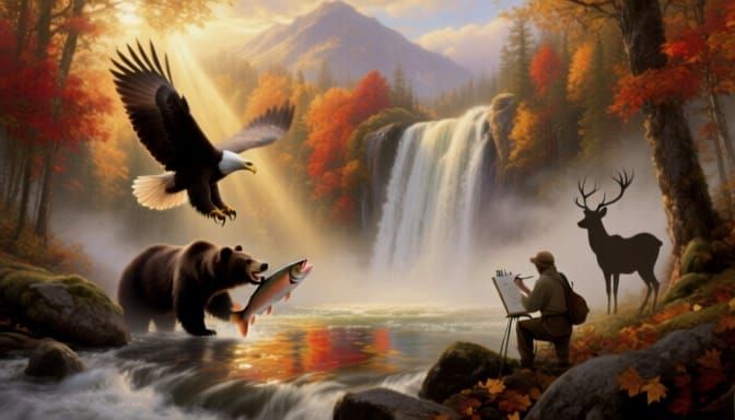 Majestic Autumn Waterfall in Glowing Forest