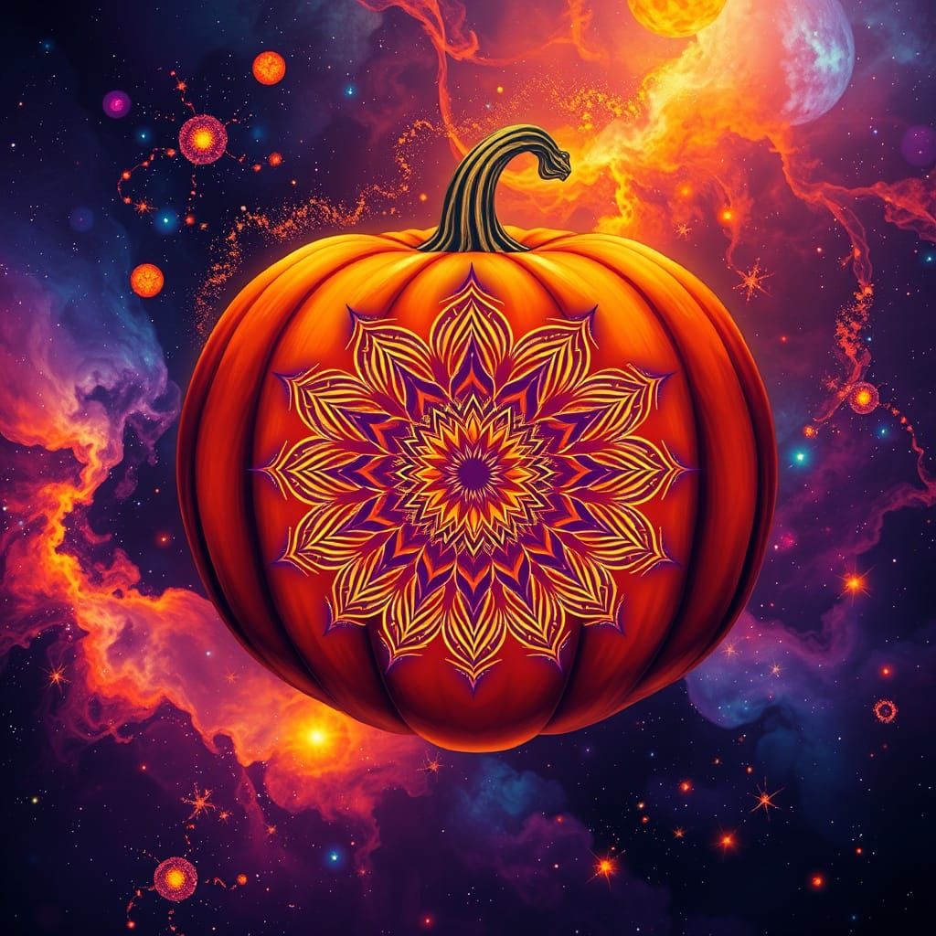 Vibrant Pumpkin Mandala in Cosmic Nebula