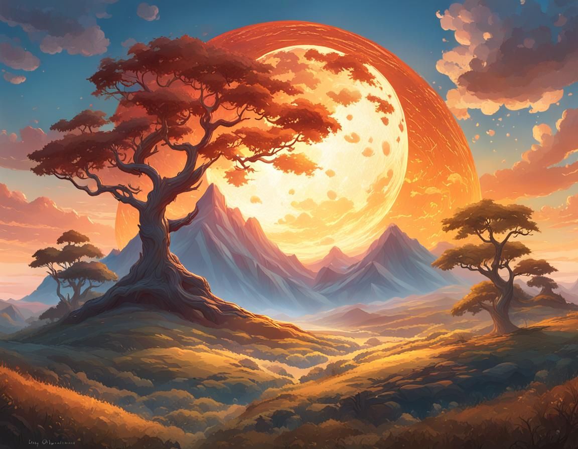 Sun and Moon Meet at Dawn: Hyperdetailed Landscape