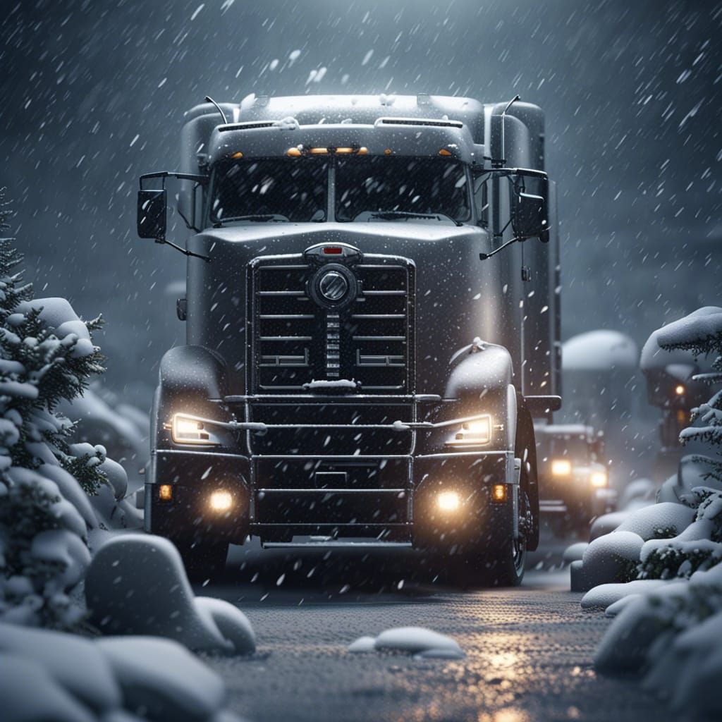 Snow-Covered 18-Wheeler in a Sci-Fi Storm