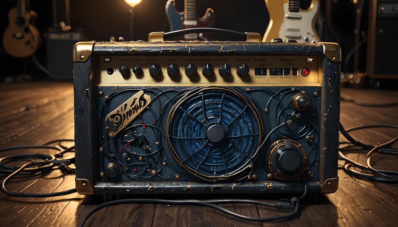 Guitar Amp on Wooden Floor: Detailed Matte Painting