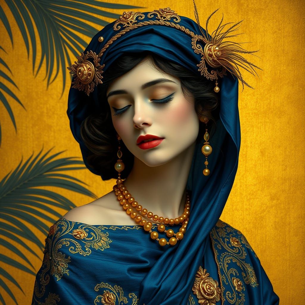 Regal Woman in Resplendent Blue and Gold Attire