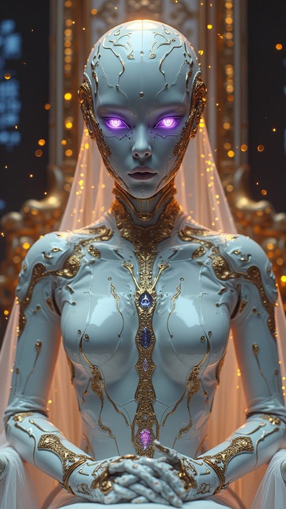Cybernetic Empress Reigns Supreme in Golden Throne Room