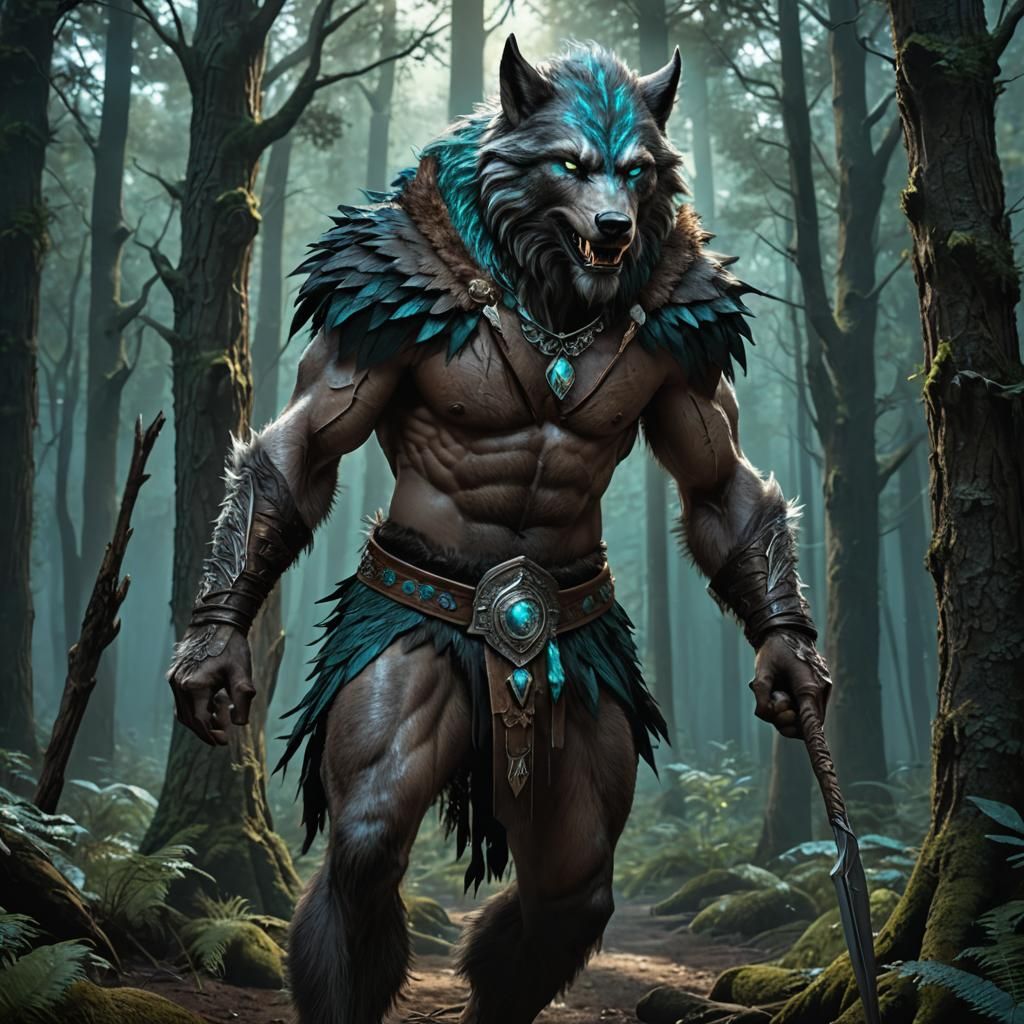 Gray Werewolf in Forest with Turquoise Eyes