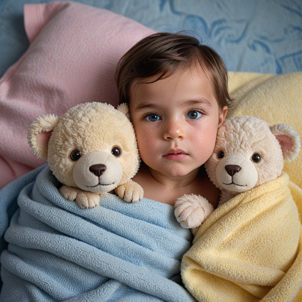 Newborn Twins Cozy Up with Soft Toys in Pastel Color Portrai...
