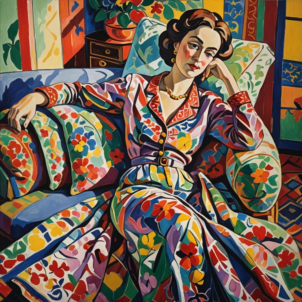 Reclining Woman in Opulent Interior: A Fauvist Oil Painting