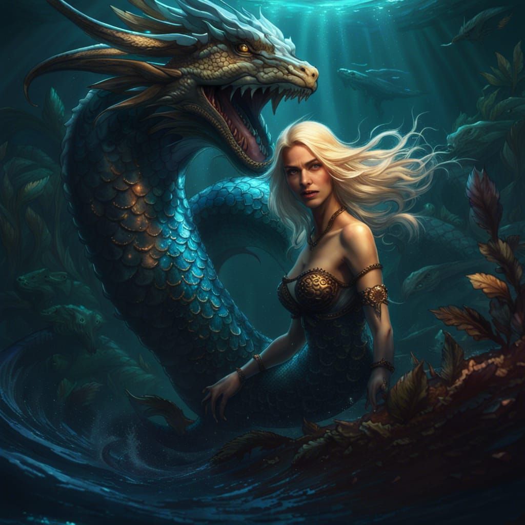 Blond Mermaid and Dragon in Dark Fantasy Style