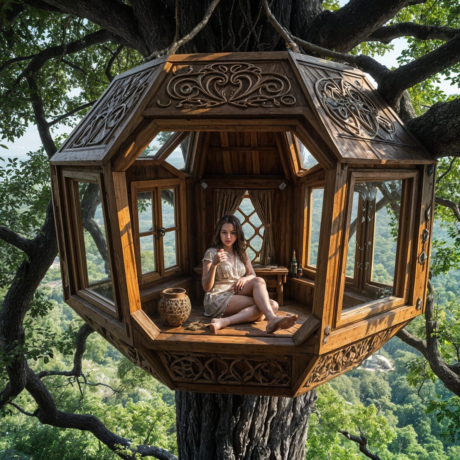 Surreal Wooden Treehouse in Hyperrealistic Style
