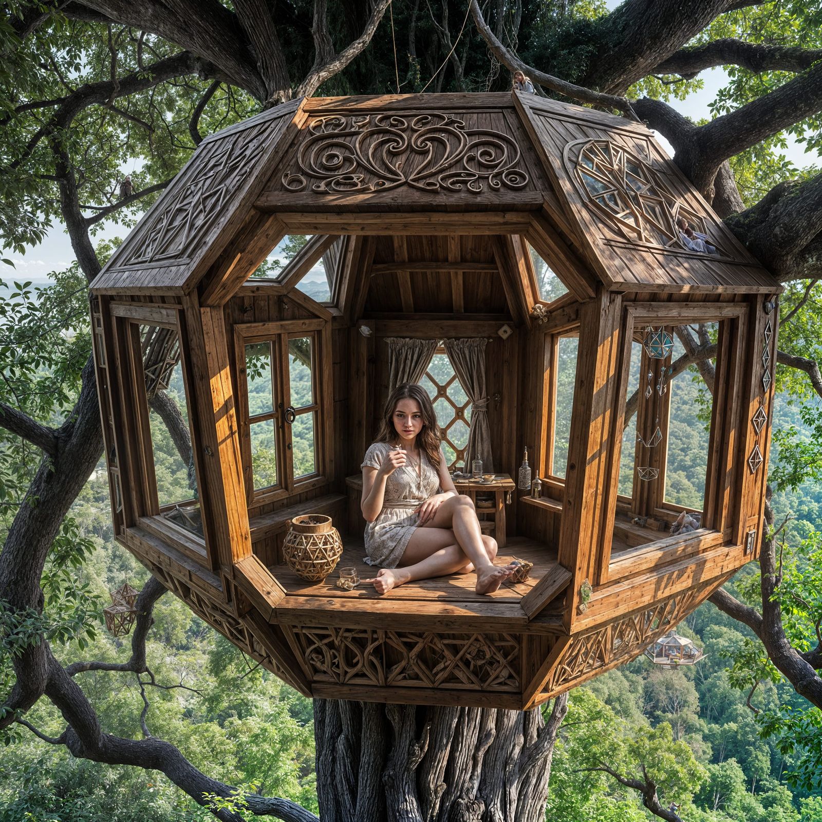 Hyperrealistic Octahedron Treehouse with Scenic View