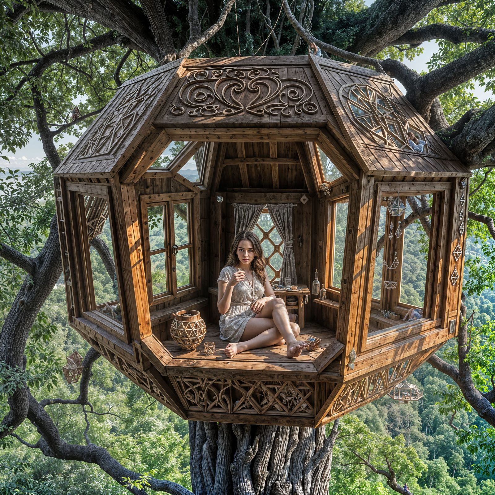 Hyperrealistic Octahedron Treehouse with Woman and View