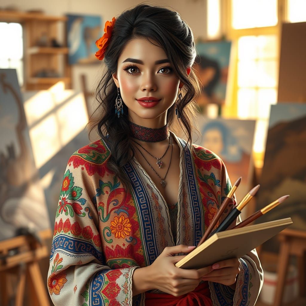 Hyperrealistic Female Painter in Sunlit Studio