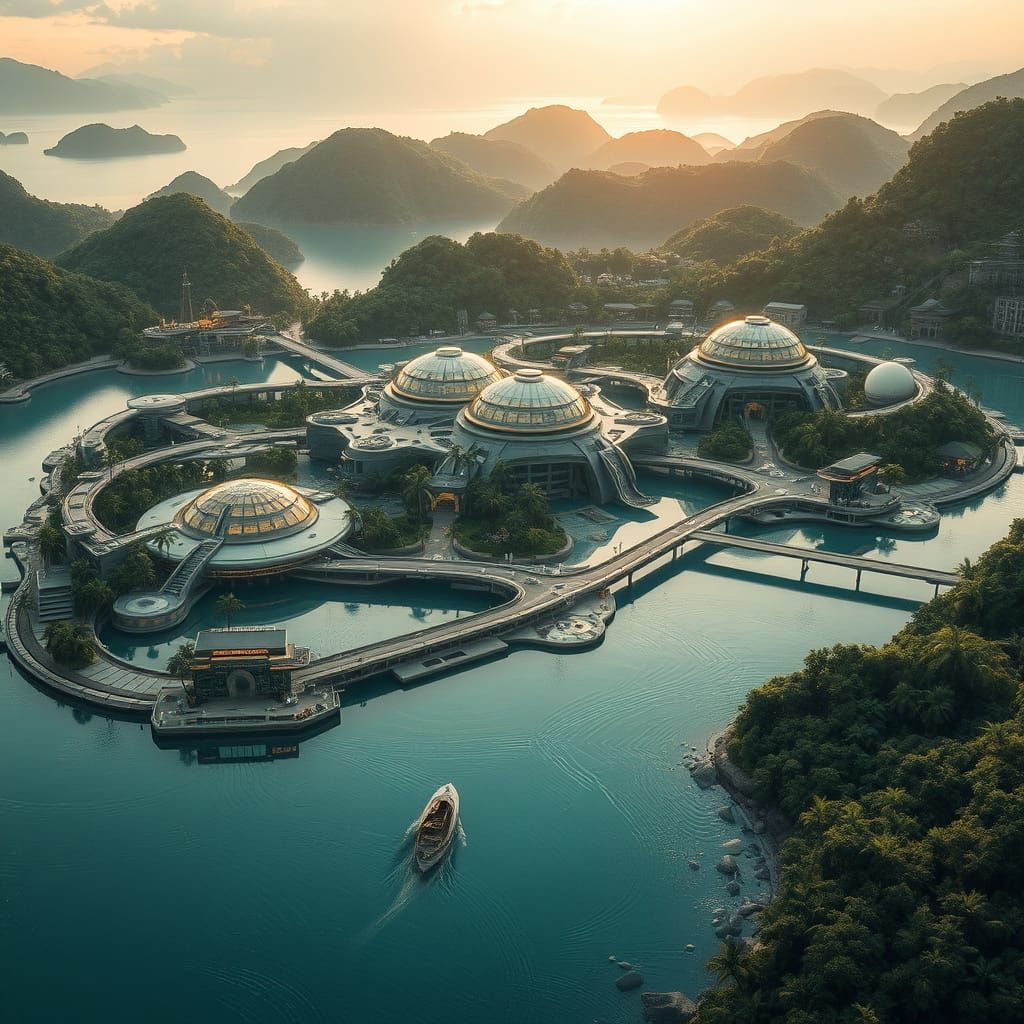 Futuristic City Aerial View with Bioluminescent Structures