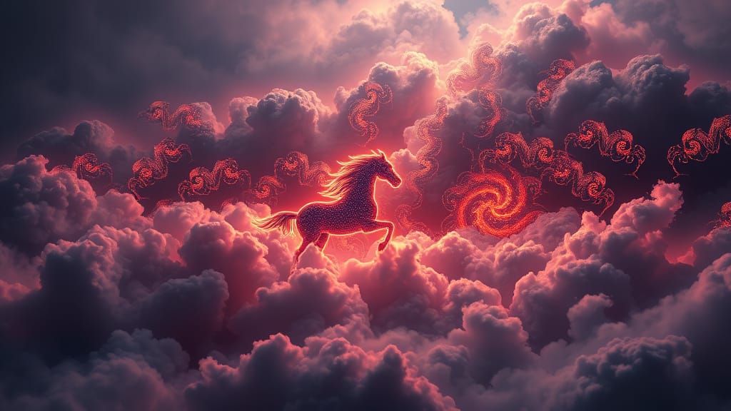 Epic Celestial Stallions with Fractal Neon Spirals