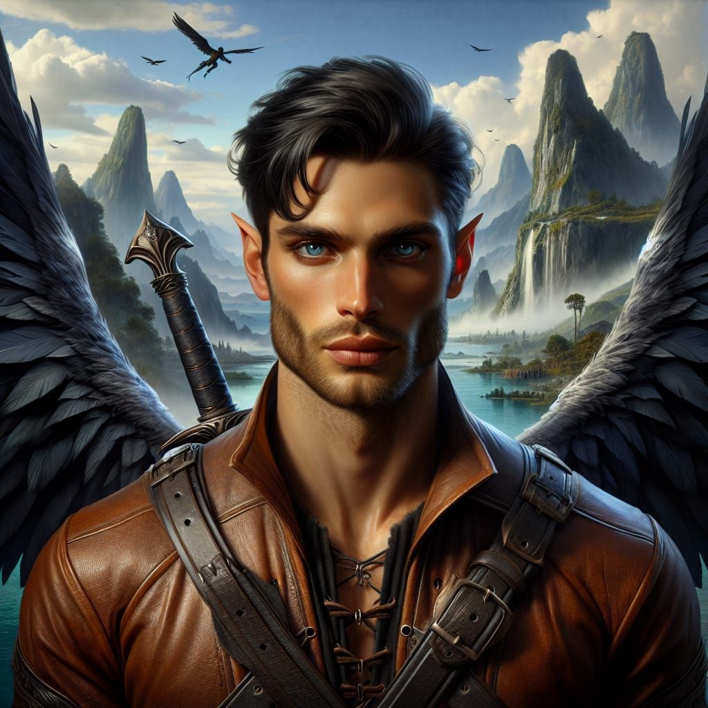 Fantasy Warrior with Wings in Mountain Landscape