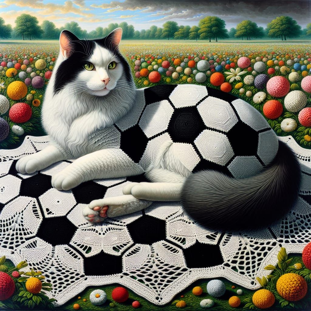Victorian Cat Lounges on Crocheted Soccer Blanket