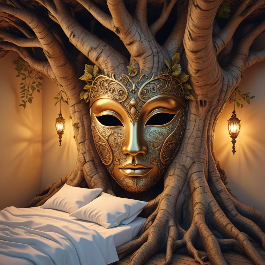 Surreal Tree Trunk Room with Animal Mask