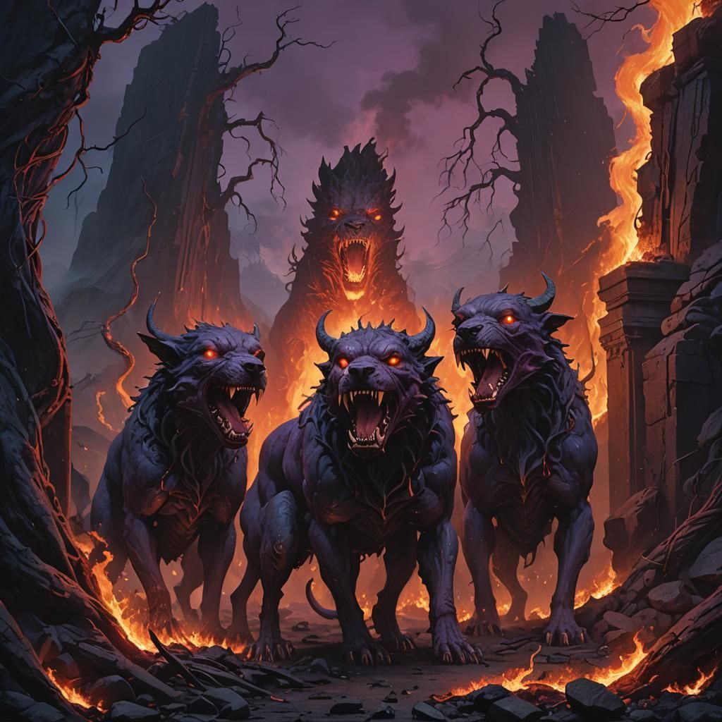 Three-Headed Cerberus at Gates of the Underworld
